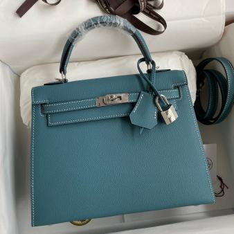 Hermes Kelly Sellier 25 Epsom Calfskin Handmade Bag in Blue Jean