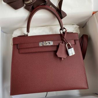 Hermes Kelly Sellier 25 Epsom Calfskin Handmade Bag in Bordeaux