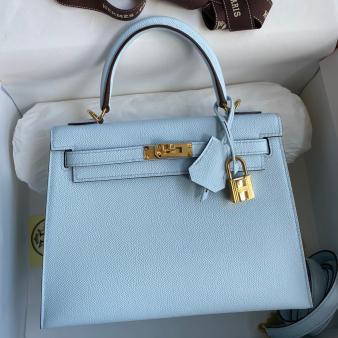 Hermes Kelly Sellier 25 Epsom Calfskin Handmade Bag in Celeste