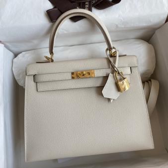 Hermes Kelly Sellier 25 Epsom Calfskin Handmade Bag in Craie