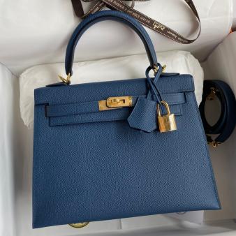 Hermes Kelly Sellier 25 Epsom Calfskin Handmade Bag in Deep Blue