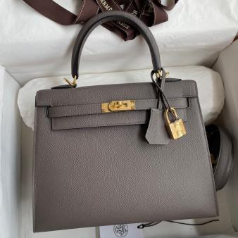 Hermes Kelly Sellier 25 Epsom Calfskin Handmade Bag in Etain