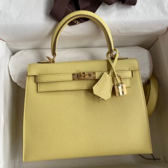 Hermes Kelly Sellier 25 Epsom Calfskin Handmade Bag in Jaune Poussin