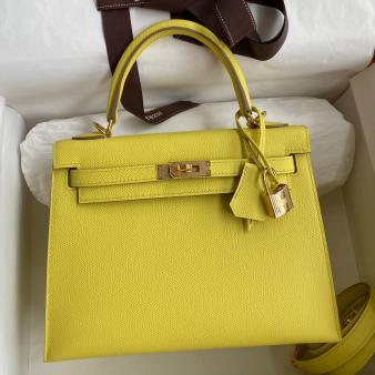 Hermes Kelly Sellier 25 Epsom Calfskin Handmade Bag in Lime