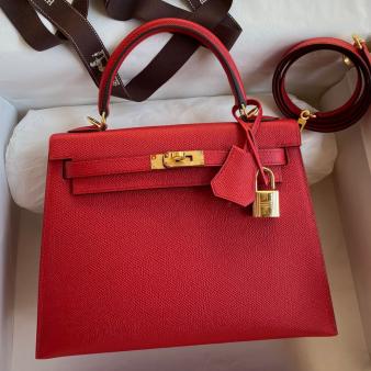 Hermes Kelly Sellier 25 Epsom Calfskin Handmade Bag in Red