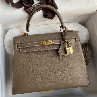 Hermes Kelly Sellier 25 Epsom Calfskin Handmade Bag in Taupe