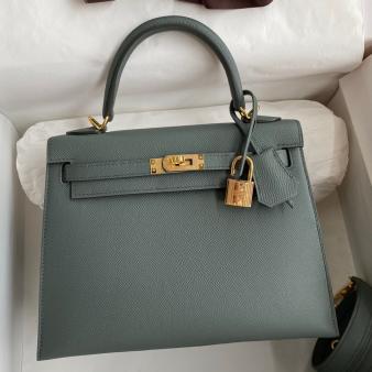 Hermes Kelly Sellier 25 Epsom Calfskin Handmade Bag in Vert Amande