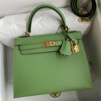 Hermes Kelly Sellier 25 Epsom Calfskin Handmade Bag in Vert Criquet