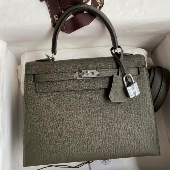 Hermes Kelly Sellier 25 Epsom Calfskin Handmade Bag in Vert De Gris