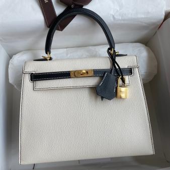 Hermes Kelly Sellier 25 Goatskin Bag in Black and White