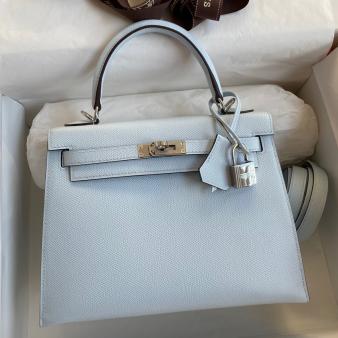 Hermes Kelly Sellier 25 Handmade Epsom Calfskin Bag in Blue Brume