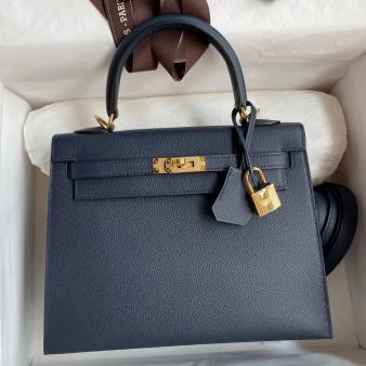 Hermes Kelly Sellier 25 Handmade Epsom Calfskin Bag in Blue Indigo