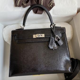 Hermes Kelly Sellier 25 Handmade Lizard Leather Bag in Black