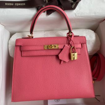 Hermes Kelly Sellier 25 Mysore Goatskin Handmade Bag in Rose Lipstick