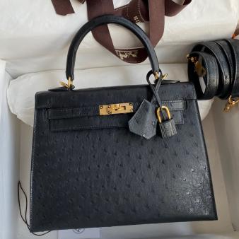 Hermes Kelly Sellier 25 Ostrich Leather Bag in Black