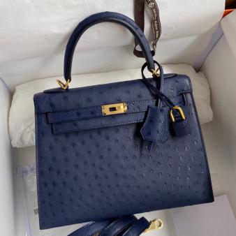 Hermes Kelly Sellier 25 Ostrich Leather Handmade Bag in Blue Iris