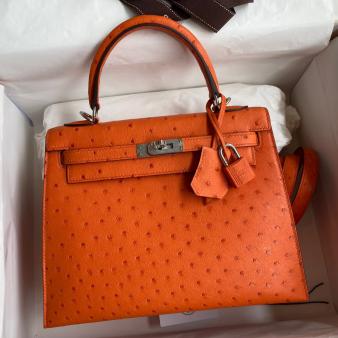 Hermes Kelly Sellier 25 Ostrich Leather Handmade Bag in Orange