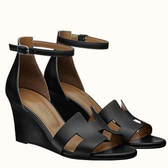 Hermes Legend Sandal Wedge in Black Calfskin