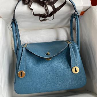 Hermes Lindy 26 Handmade Bag in Clemence Leather Blue Jean