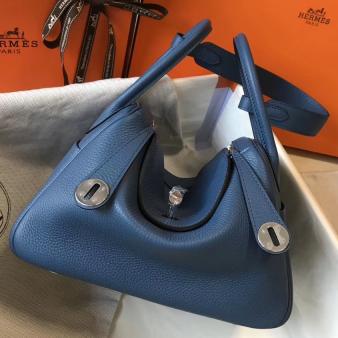 Hermes Lindy 26cm Bag in Clemence Leather Blue Agate PHW