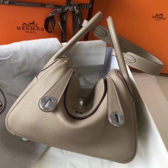 Hermes Lindy 26cm Bag in Clemence Leather Gris Tourterelle PHW