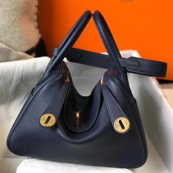 Hermes Lindy 26cm Bag in Clemence Leather Navy Blue GHW