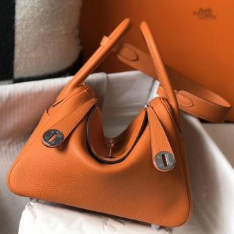 Hermes Lindy 26cm Bag in Clemence Leather Orange PHW