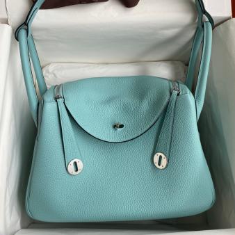 Hermes Lindy 30 Handmade Bag in Clemence Leather Blue Atoll