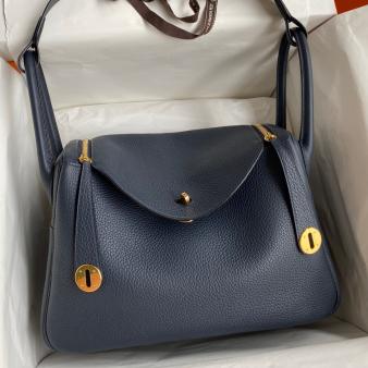 Hermes Lindy 30 Handmade Bag in Clemence Leather Blue Nuit