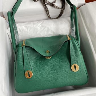 Hermes Lindy 30 Handmade Bag in Clemence Leather Malachite