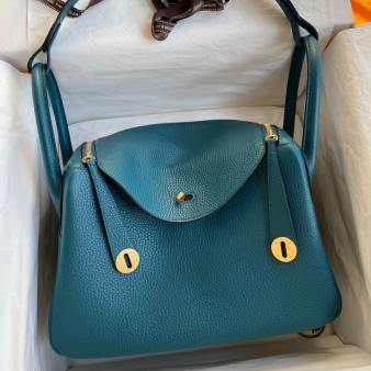 Hermes Lindy 30 Handmade Bag in Clemence Leather Vert Bosphore