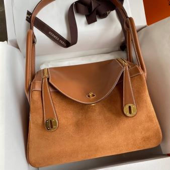 Hermes Lindy 30 Handmade Bag in Doblis Suede Calfskin Gold