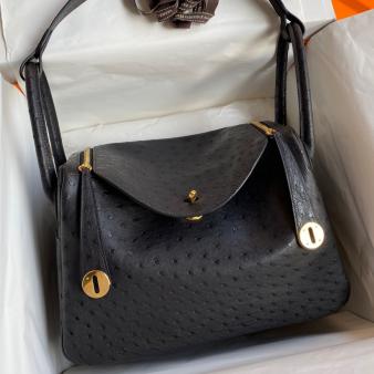 Hermes Lindy 30 Handmade Bag in Ostrich Leather Black