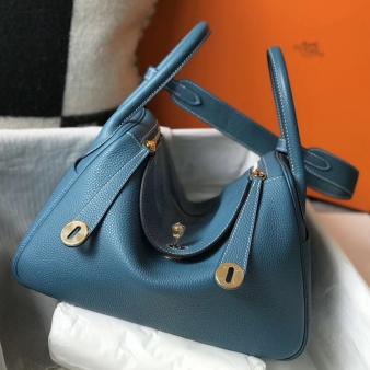 Hermes Lindy 30cm Bag in Clemence Leather Blue Jean GHW