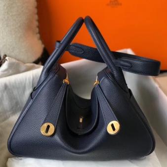 Hermes Lindy 30cm Bag in Clemence Leather Navy Blue GHW