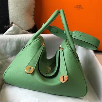 Hermes Lindy 30cm Bag in Clemence Leather Vert Criquet GHW