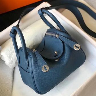 Hermes Lindy Mini Bag in Clemence Leather Blue Agate PHW