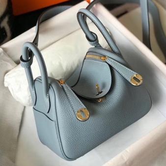 Hermes Lindy Mini Bag in Clemence Leather Blue Lin GHW