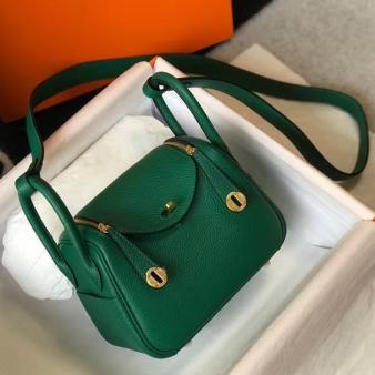 Hermes Lindy Mini Bag in Clemence Leather Green GHW