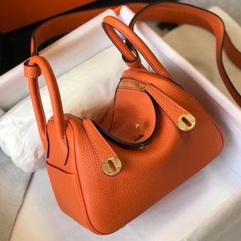 Hermes Lindy Mini Bag in Clemence Leather Orange GHW