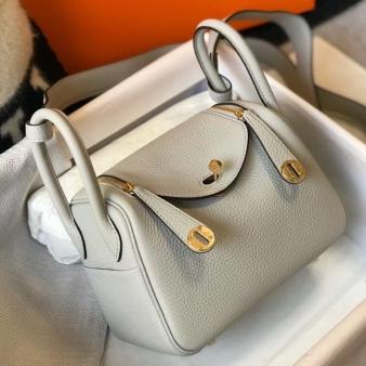 Hermes Lindy Mini Bag in Clemence Leather Pearl Grey GHW