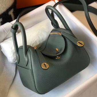 Hermes Lindy Mini Bag in Clemence Leather Vert Amande GHW