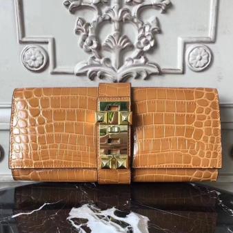 Hermes Medor Crocodile Leather Clutch Bag in Caramel