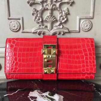 Hermes Medor Crocodile Leather Clutch Bag in Cherry