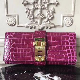 Hermes Medor Crocodile Leather Clutch Bag in Fuchsia