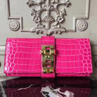 Hermes Medor Crocodile Leather Clutch Bag in Rose Red