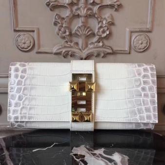 Hermes Medor Crocodile Leather Clutch Bag in White