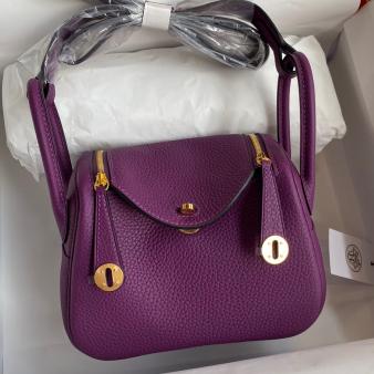 Hermes Mini Lindy Handmade Bag in Clemence Leather Anemone