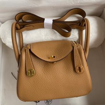 Hermes Mini Lindy Handmade Bag in Clemence Leather Biscuit