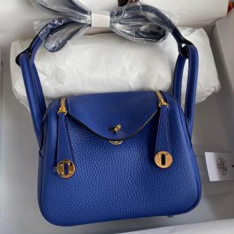 Hermes Mini Lindy Handmade Bag in Clemence Leather Blue Electric